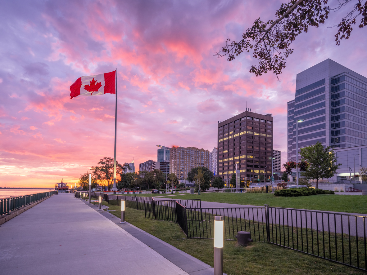 Sunset view of the Windsor, Ontario riverfront and downtown skyline